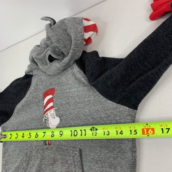 Boys /Kids Dr. Seuss Cat in the Hat raglan red grey pullover hoodie ears on hood - Picture 9 of 9